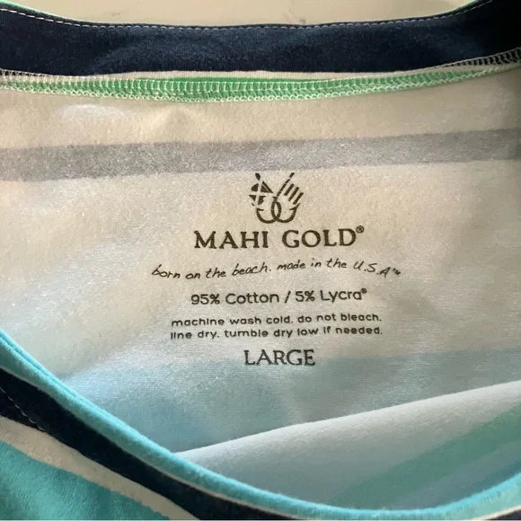 MAHI GOLD Womens Large Blue Green White Striped 3/4 Sleeve Stretch Cotton Dress - Picture 7 of 10